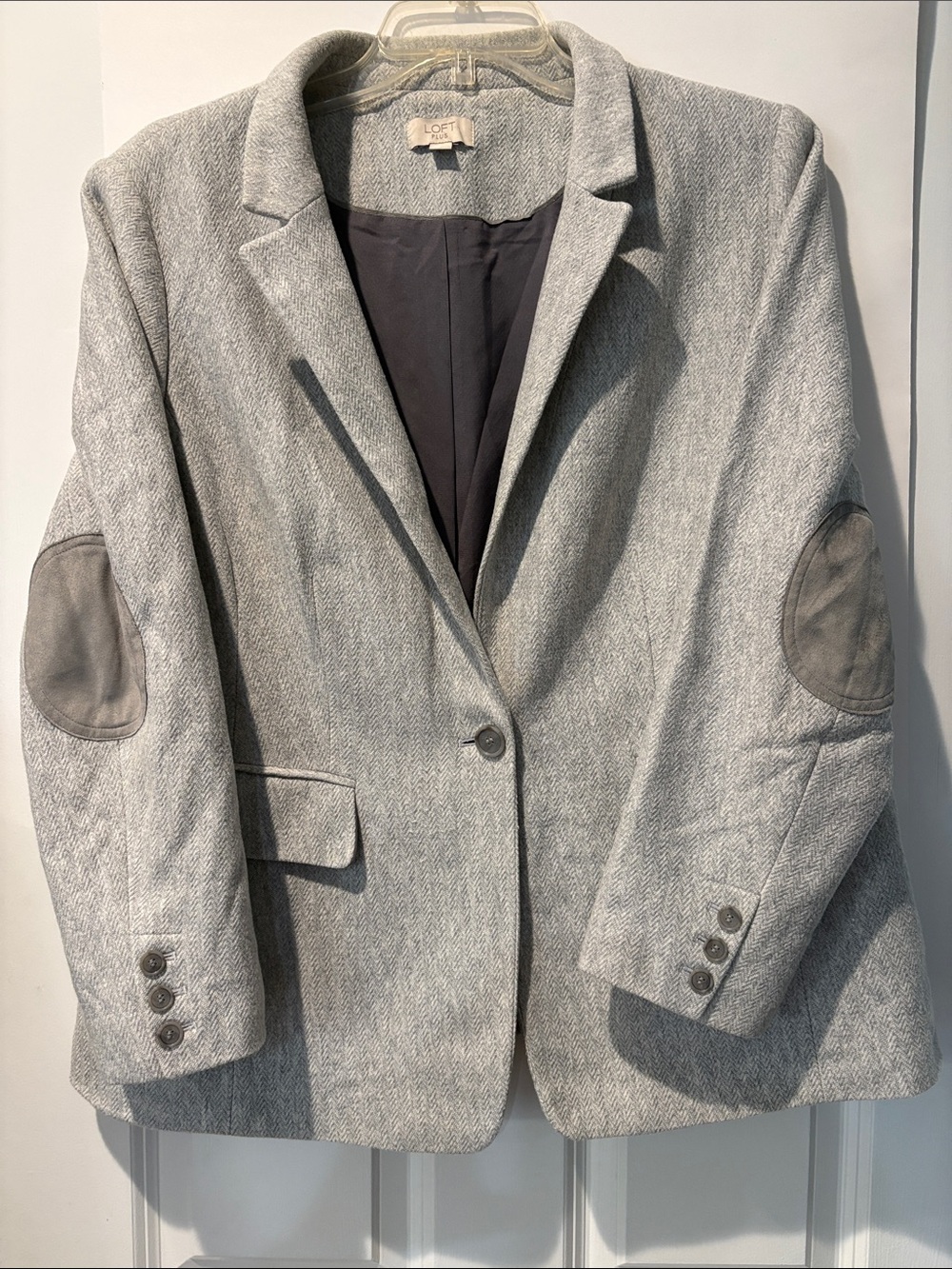 LOFT Plus Gray Herringbone Blazer with Elbow Patches